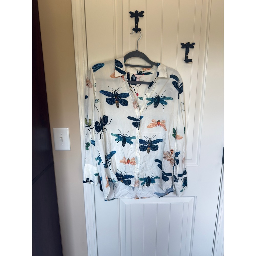 Esprit Women XXL White Insect Bug Print Viscose Button Down Shirt Long Sleeve